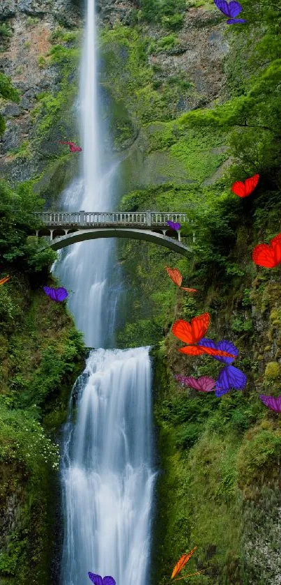 Vibrant waterfall with colorful butterflies and green foliage.