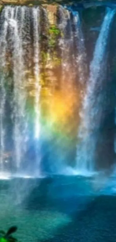 Majestic waterfall with vibrant rainbow on a mobile wallpaper.