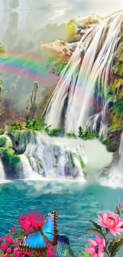 Vibrant waterfall and rainbow with lush greenery.