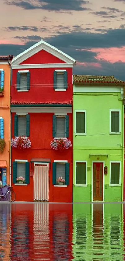 Colorful waterfront houses reflecting on tranquil water.