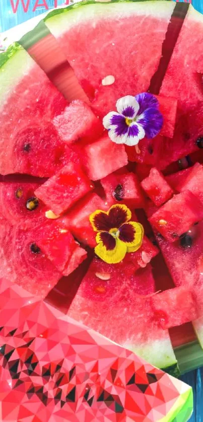 Vibrant watermelon slices with flowers on blue background.