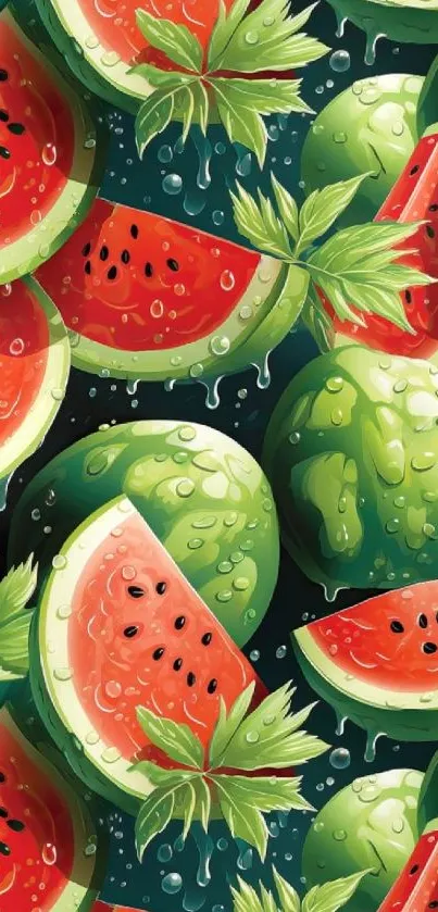 Vibrant watermelon and green leaves wallpaper with rich, fresh colors.