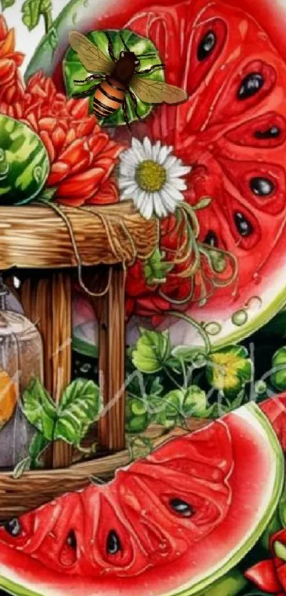 Artistic watermelon and floral mobile wallpaper with vibrant colors.