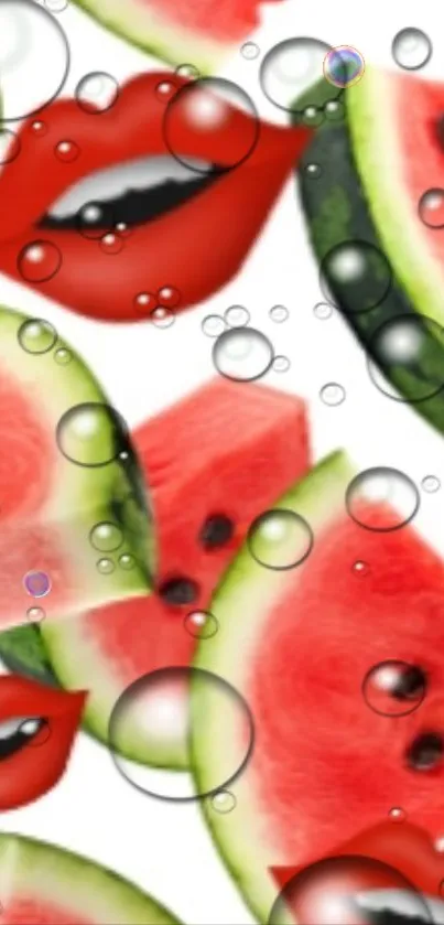 Vibrant watermelon slices with bubbles and red lips on a mobile wallpaper.