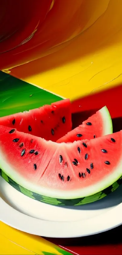 Artistic watermelon slices with vibrant colorful background.