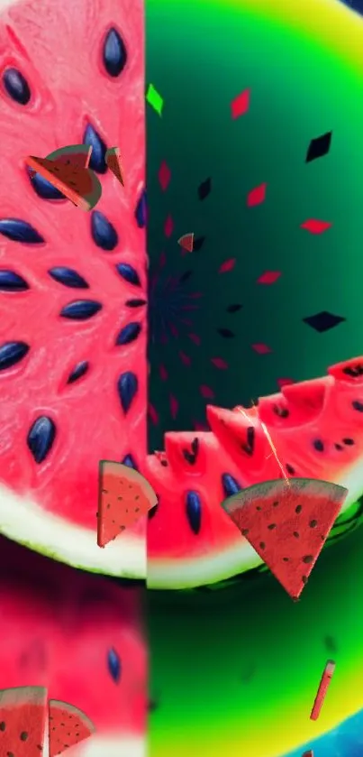 Vibrant watermelon artwork with colorful surreal design for phone wallpaper.