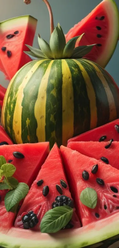 Vibrant wallpaper with watermelon, blackberries, and mint leaves.