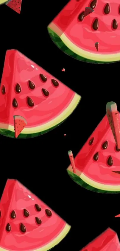 Vibrant watermelon pattern wallpaper with colorful slices on a black background.