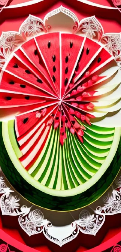 Intricate watermelon-themed artistic wallpaper with vibrant red and green hues.