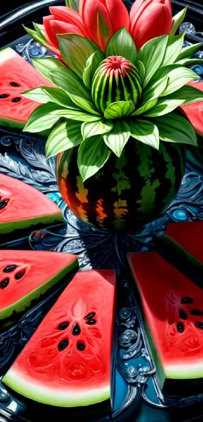 Artistic watermelon and flower wallpaper with vibrant colors.