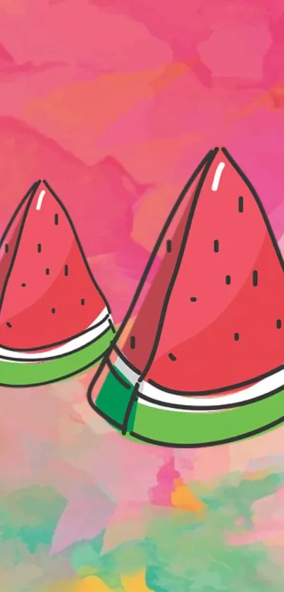 Stylized watermelon slices on vibrant pink background art.