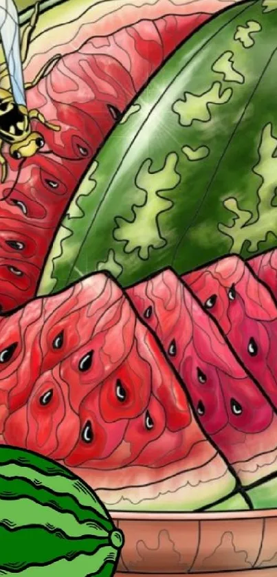 Artistic watermelon wallpaper with slices and a honeybee.