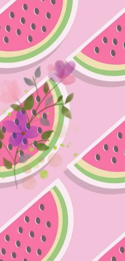 Mobile wallpaper of artistic watermelon slices and floral accents on pink.