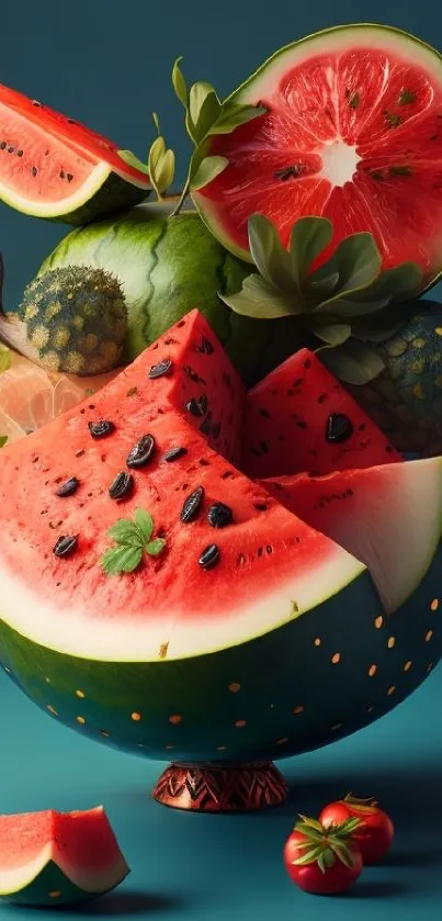 Vibrant artistic watermelon design with colorful fruits.