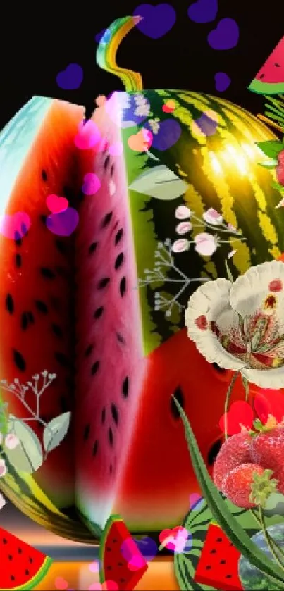 Vibrant watermelon-themed wallpaper with floral accents and vivid colors.