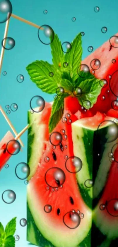 Vibrant watermelon art with mint leaves and bubbles.