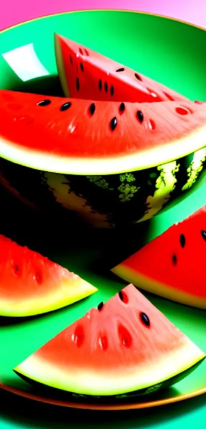 Vivid watermelon slices on a bright pink and green background.