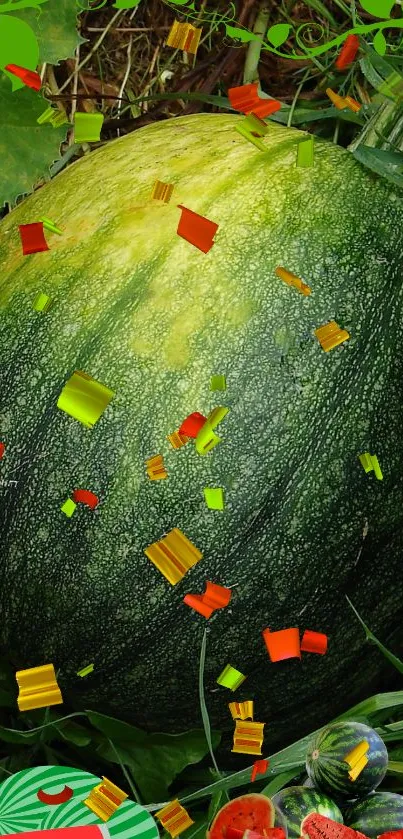 Lush green watermelon wallpaper with colorful confetti.