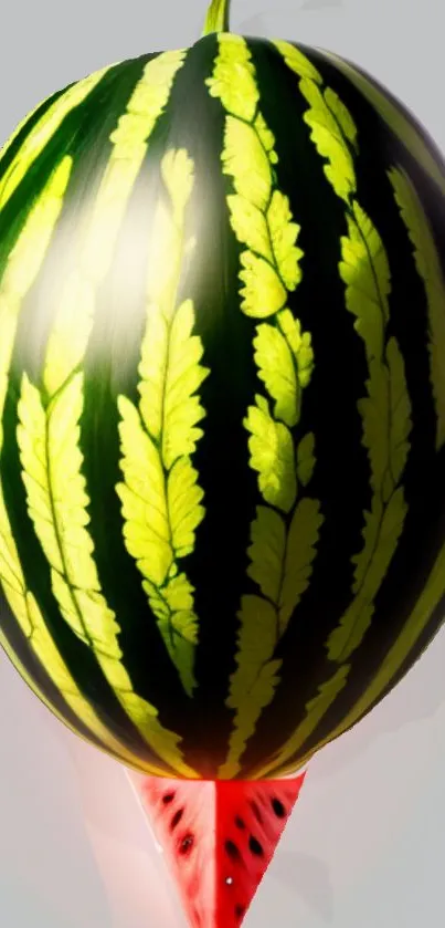 Colorful watermelon art with green stripes and pink core on wallpaper.