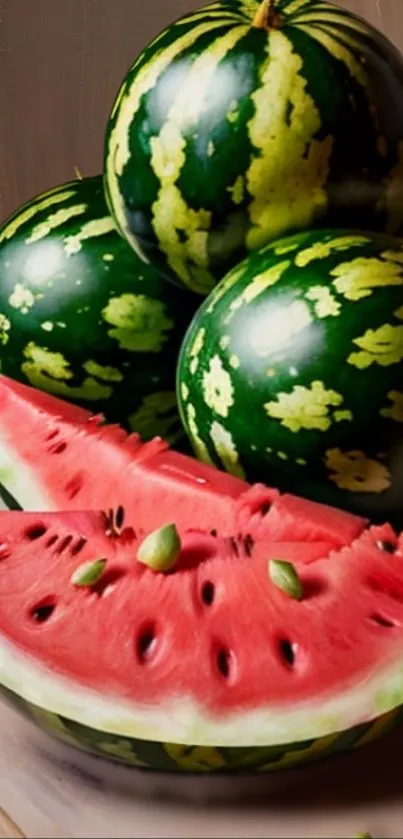 Artistic wallpaper featuring vibrant watermelons with juicy red slices.