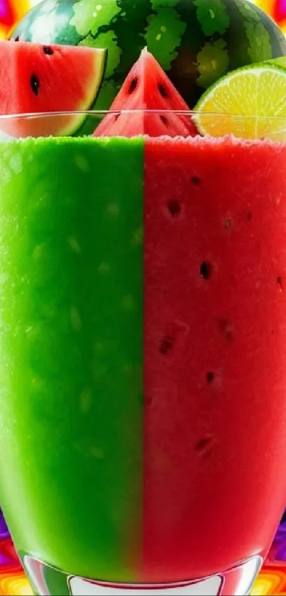 Colorful watermelon and lime drink wallpaper with psychedelic background.