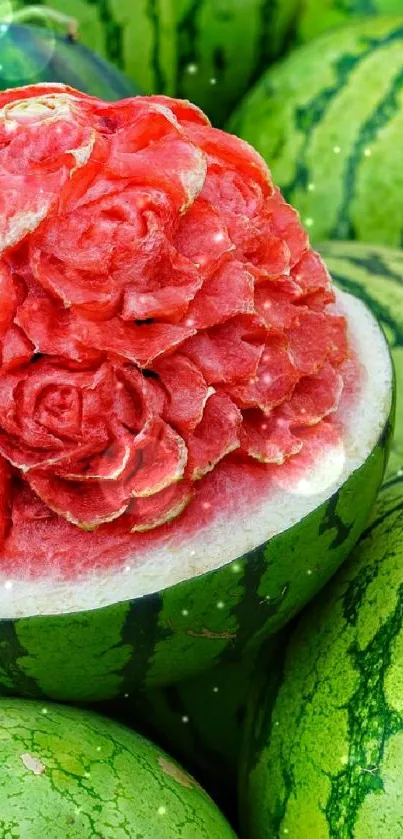 Intricate watermelon carving art with vibrant green background.