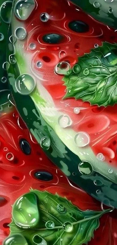 Vibrant watermelon artwork with dew drops and mint leaves.