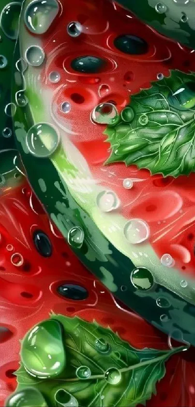 Vibrant watercolor watermelon with leaves.