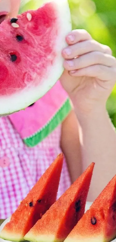 Girl enjoying watermelon in summer setting, vibrant fruit.
