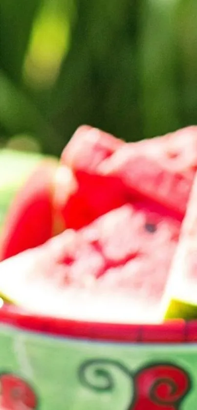 A vibrant bowl of watermelon slices with a lush green background.