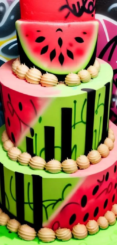 Vibrant watermelon-themed cake with graffiti art background.