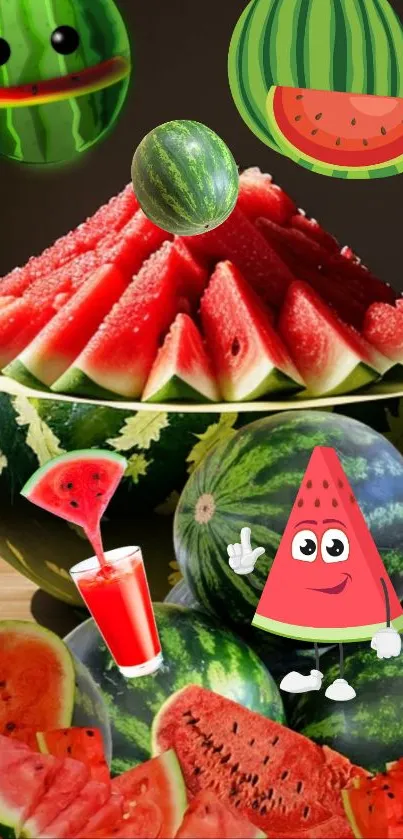 Vibrant watermelon-themed wallpaper with colorful fruits and slices.
