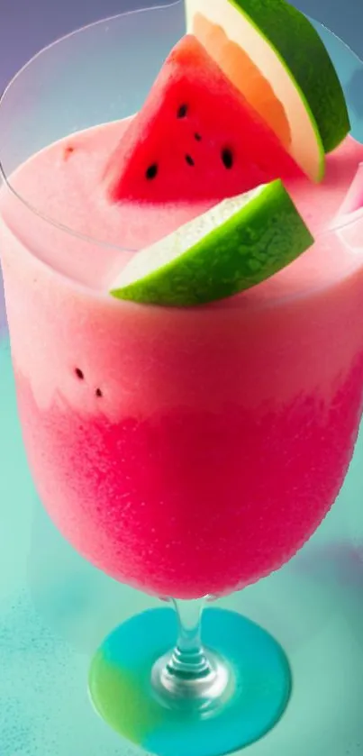 Vibrant watermelon smoothie with lime and straw in a clear glass.