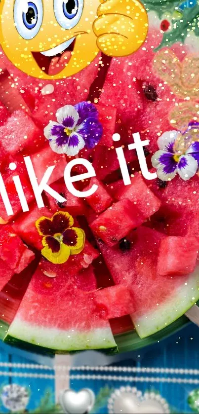 Playful watermelon design with emojis and flowers.