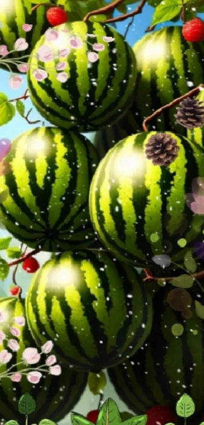 Vibrant fantasy wallpaper with watermelons and colorful berries.