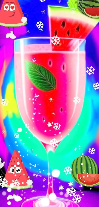 Vibrant watermelon-themed wallpaper with cartoon elements.