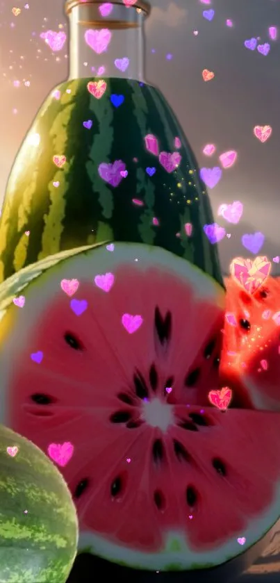 Vibrant watermelon with heart sparkles and colorful slices.