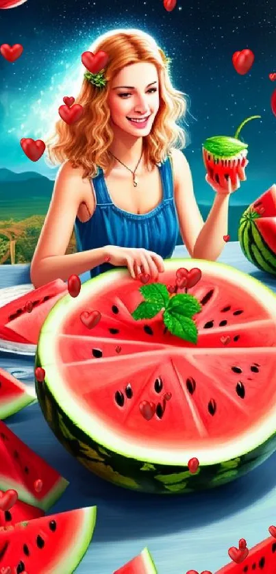Joyful woman with watermelon slices in vibrant summer setting.