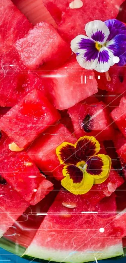 Vibrant watermelon and flowers abstract wallpaper design.