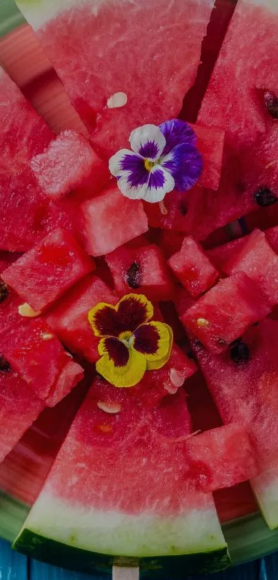 Vibrant watermelon slices with floral accents in vivid colors.