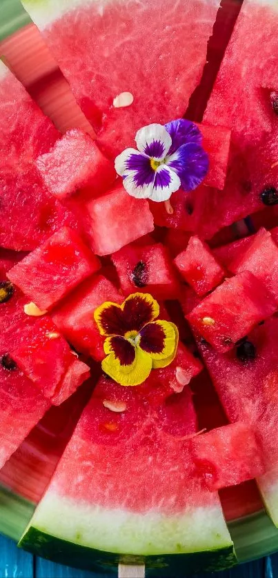 Vibrant watermelon slices with colorful flowers and pink hues.