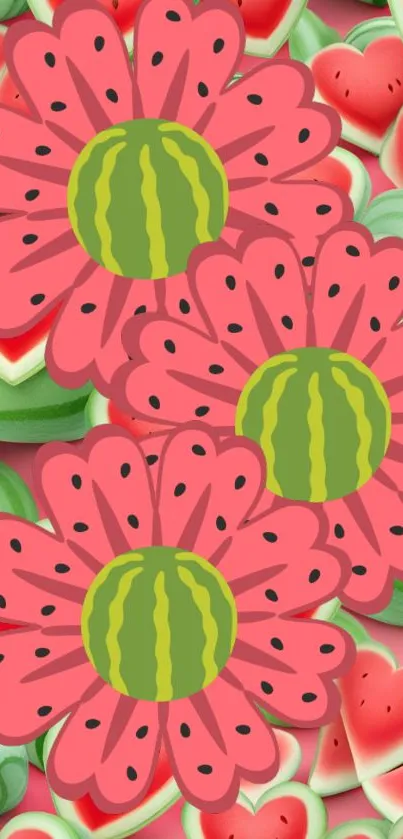 Colorful wallpaper with watermelon flowers and slices.