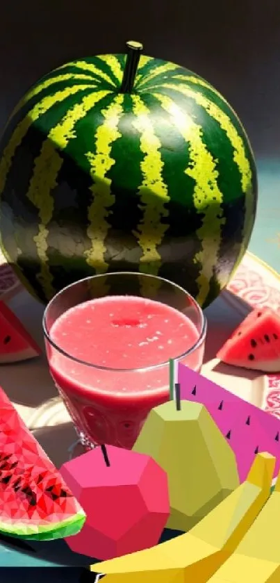 Vibrant mobile wallpaper with watermelon and polygonal fruits in artistic style.