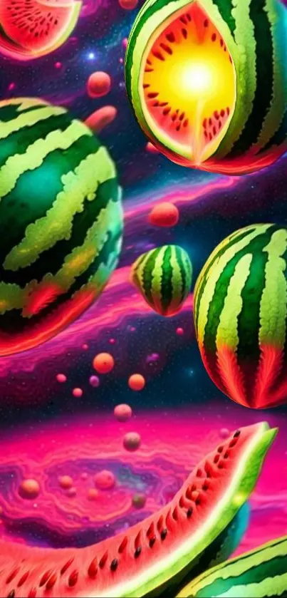 Floating watermelons in cosmic pink space.