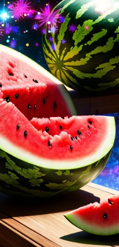 Watermelons on wooden shelves against a galaxy backdrop.