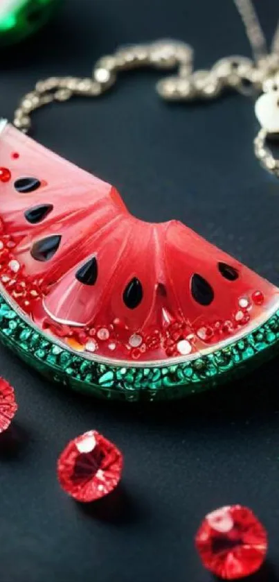 Stylish watermelon gem necklace on dark background.