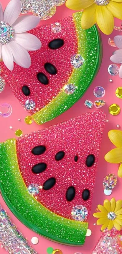 Glitter watermelon and flowers mobile wallpaper with vibrant colors.