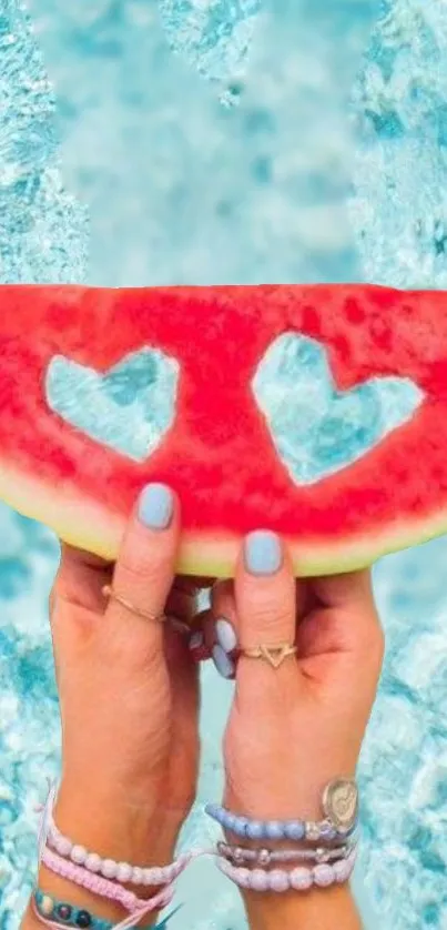 Watermelon slice with heart cutouts on a blue water background.