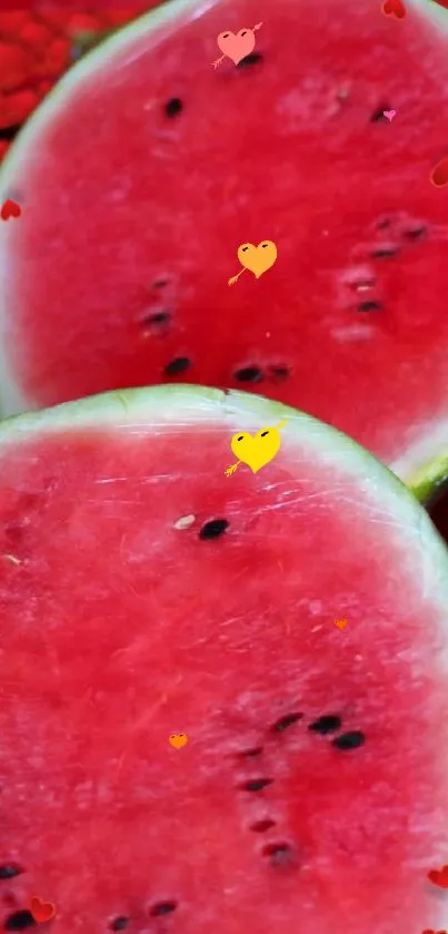 Vibrant watermelon wallpaper with hearts.