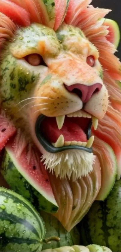 Intricate lion sculpture made from watermelon.